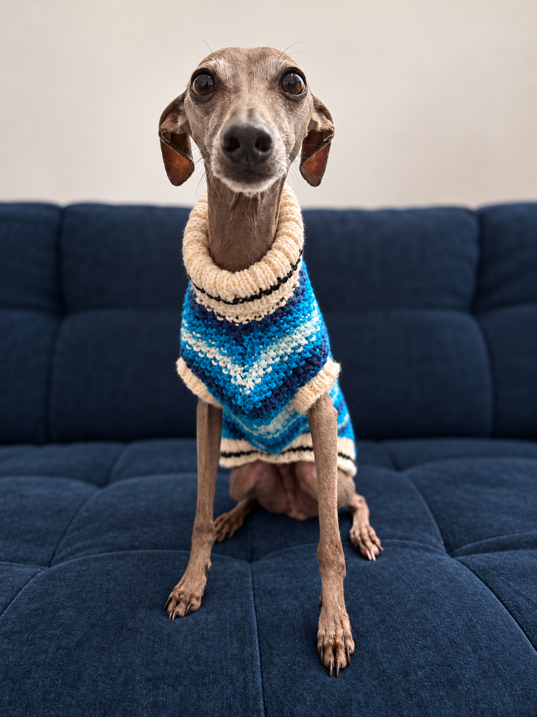 Front view of an Italian Greyhound in a cosy striped knit jumper, showing the cream roll neck and blue pattern.