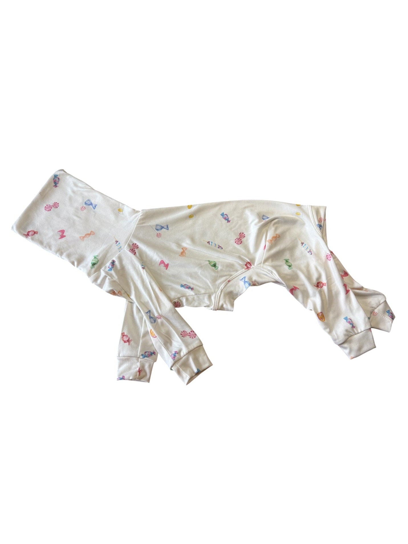 “Colourful Italian Greyhound clothing by Iggy Suits UK styled with fun sweets and colourful candy for a cute, playful dog fashion aesthetic.”