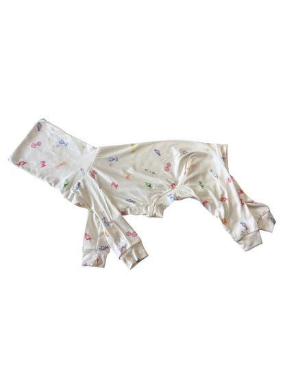 “Colourful Italian Greyhound clothing by Iggy Suits UK styled with fun sweets and colourful candy for a cute, playful dog fashion aesthetic.”