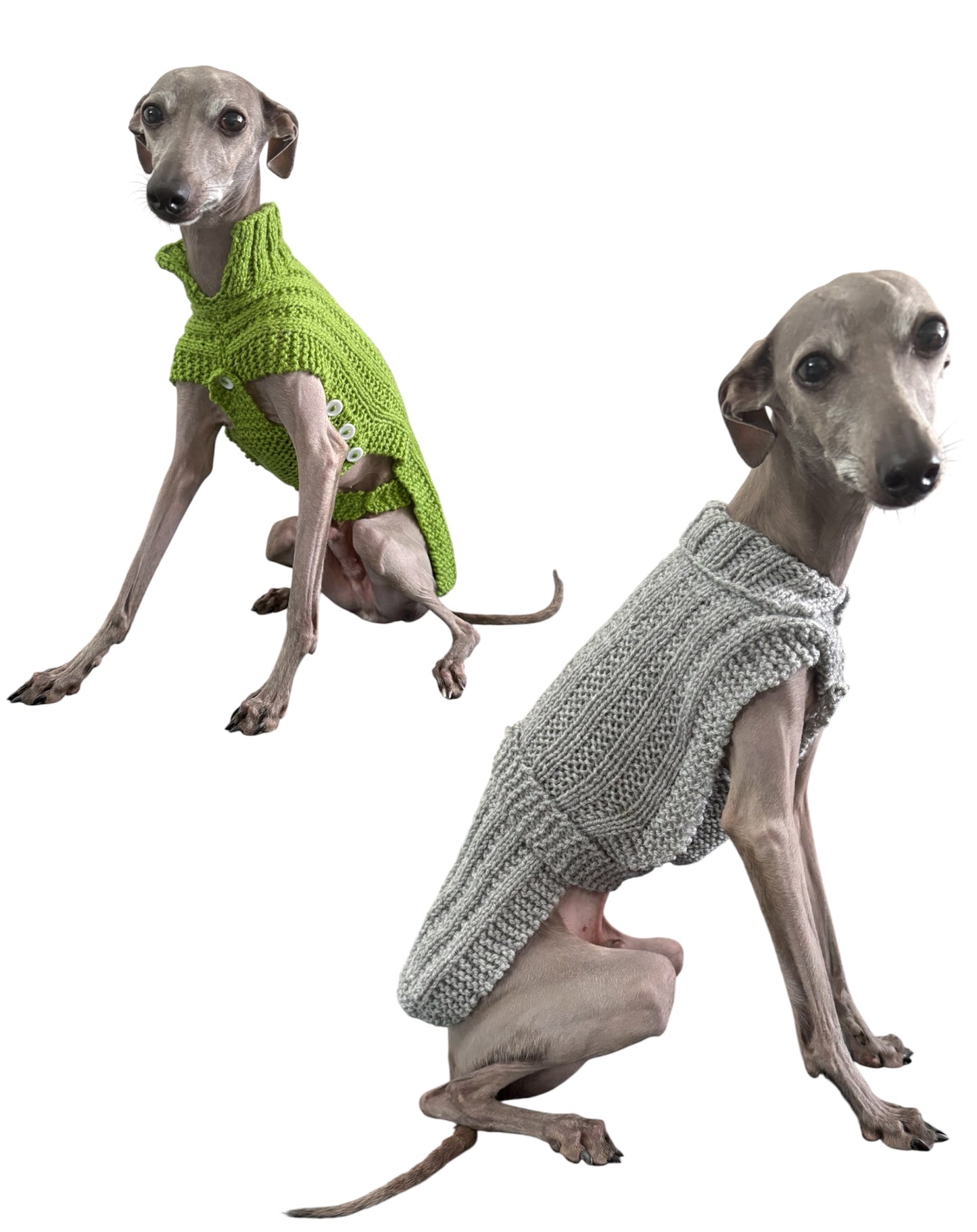 Italian Greyhound, Whippet, and hairless dog clothing including fitted dog sweaters, warm winter coats, fleece pajamas, and lightweight sighthound apparel designed for slim bodies and cold weather comfort.
