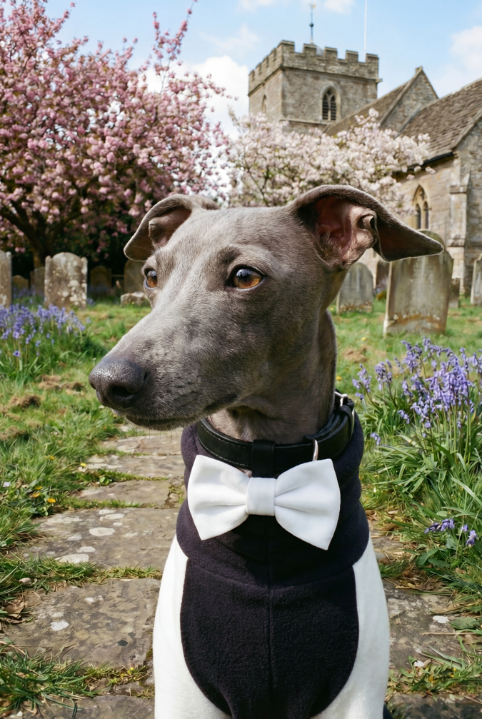 italian greyhound and whippet dog wedding tuxedo smart monochrome suit and bow tie.