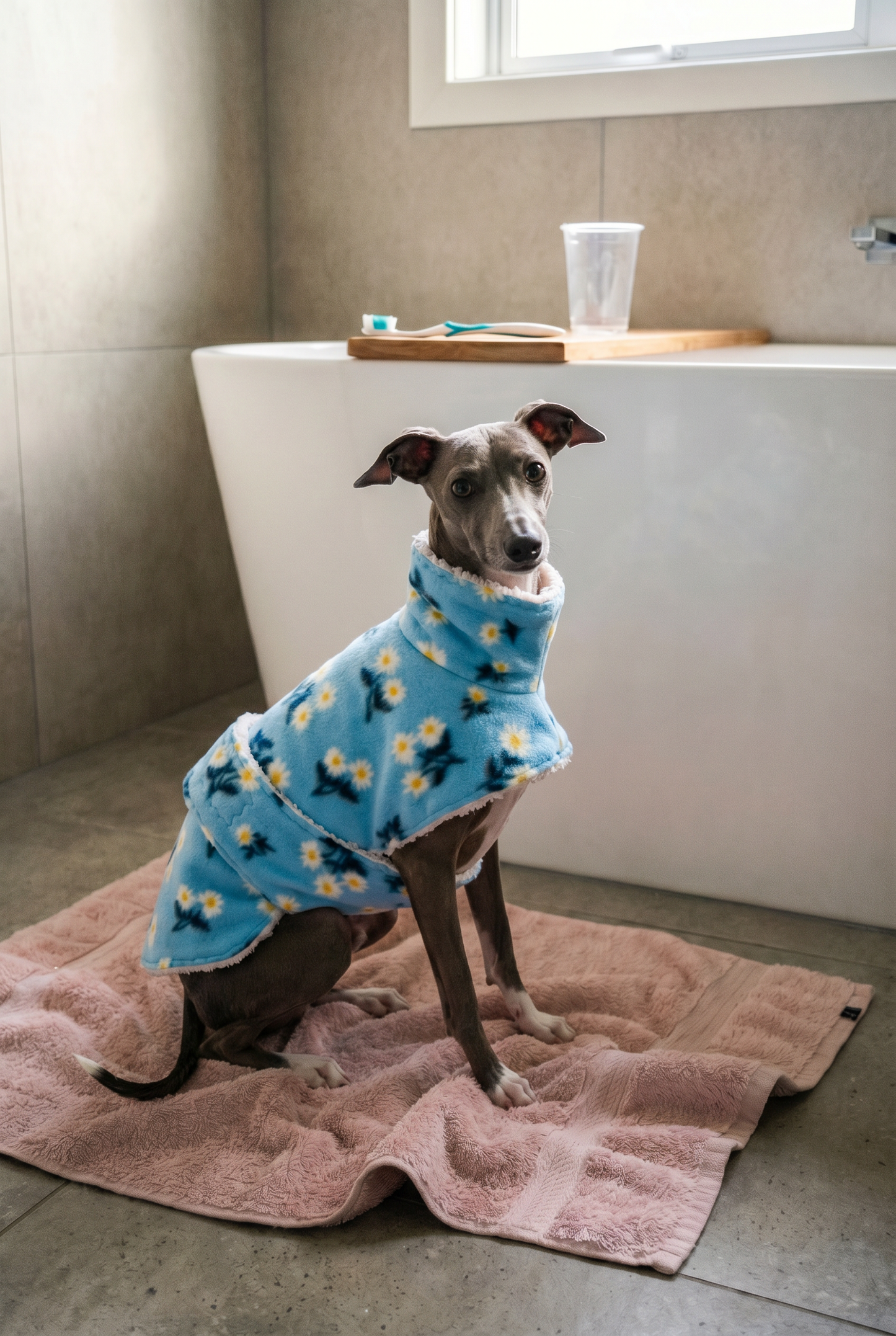 Italian greyhound / whippet dog wearing a warm stretch fleece jumper / four legged onesie pyjama. Spring clothing and clothes. Made in the UK with cheap pricing and fast postage. Comparable to redhound, speedray, loko pet apparel, the green dog, trekfit.