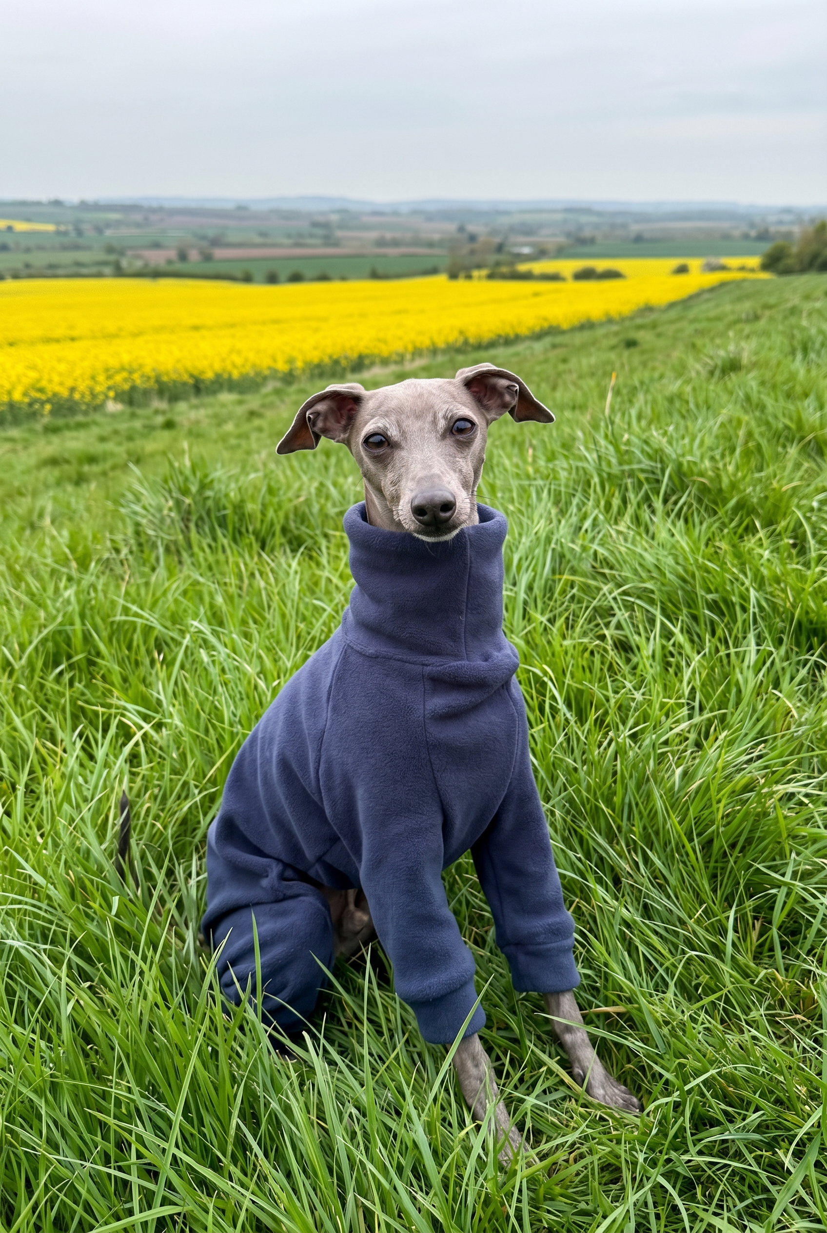 Italian greyhound / whippet dog wearing a warm stretch fleece jumper / four legged onesie pyjama. Spring clothing and clothes. Made in the UK with cheap pricing and fast postage. Comparable to redhound, speedray, loko pet apparel, the green dog, trekfit.