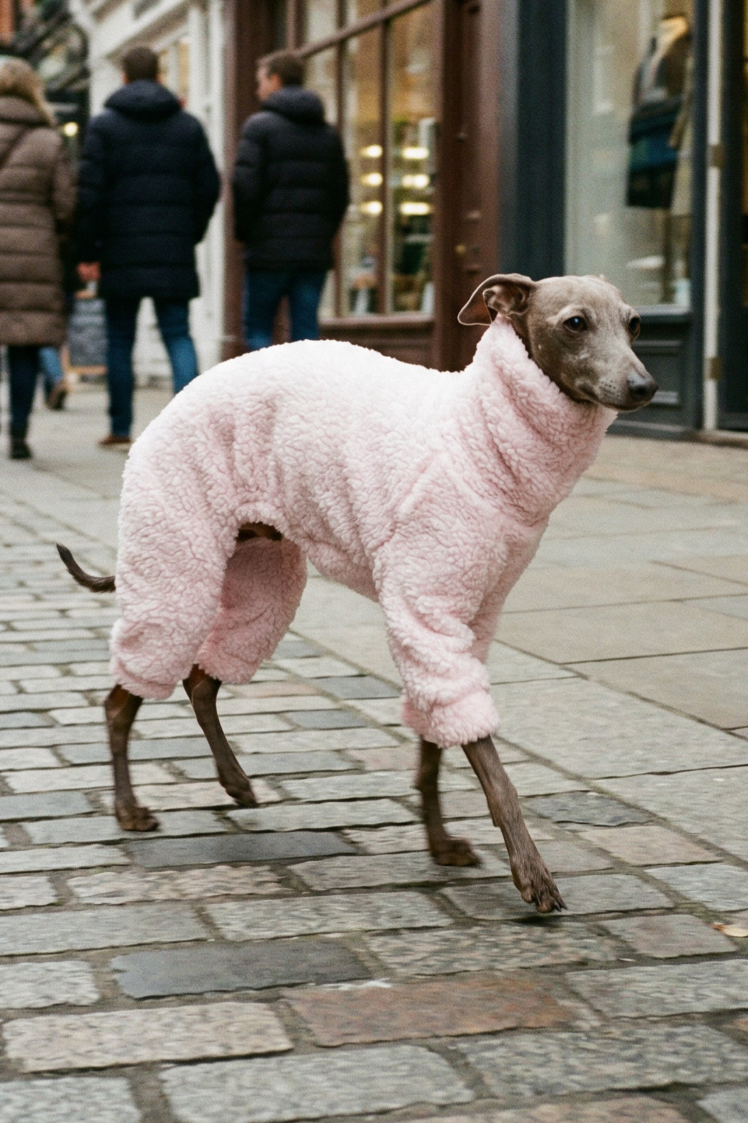 Dog wearing a pink coat on a city street