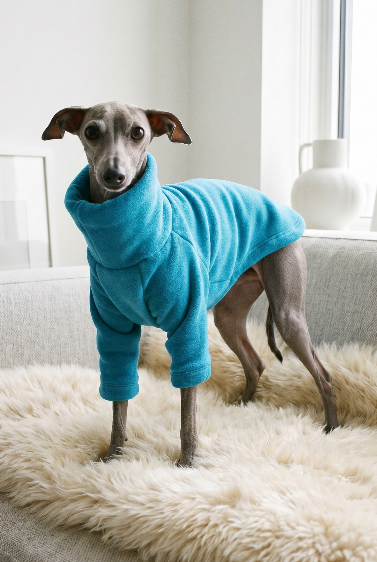 Italian greyhound / whippet dog wearing a warm stretch fleece jumper / four legged onesie pyjama. Spring clothing and clothes. Made in the UK with cheap pricing and fast postage. Comparable to redhound, speedray, loko pet apparel, the green dog, trekfit.