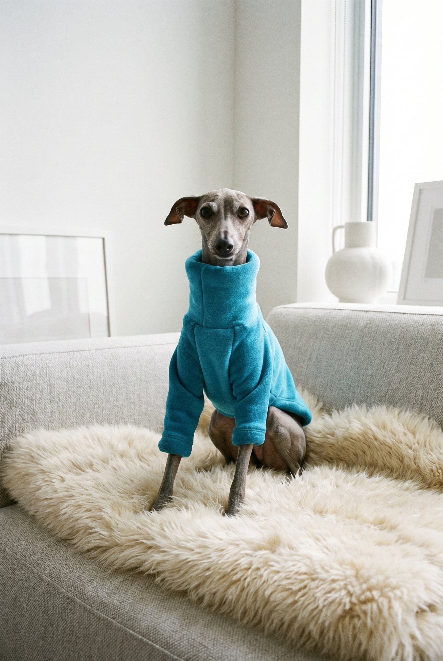 Italian greyhound / whippet dog wearing a warm stretch fleece jumper / four legged onesie pyjama. Spring clothing and clothes. Made in the UK with cheap pricing and fast postage. Comparable to redhound, speedray, loko pet apparel, the green dog, trekfit.