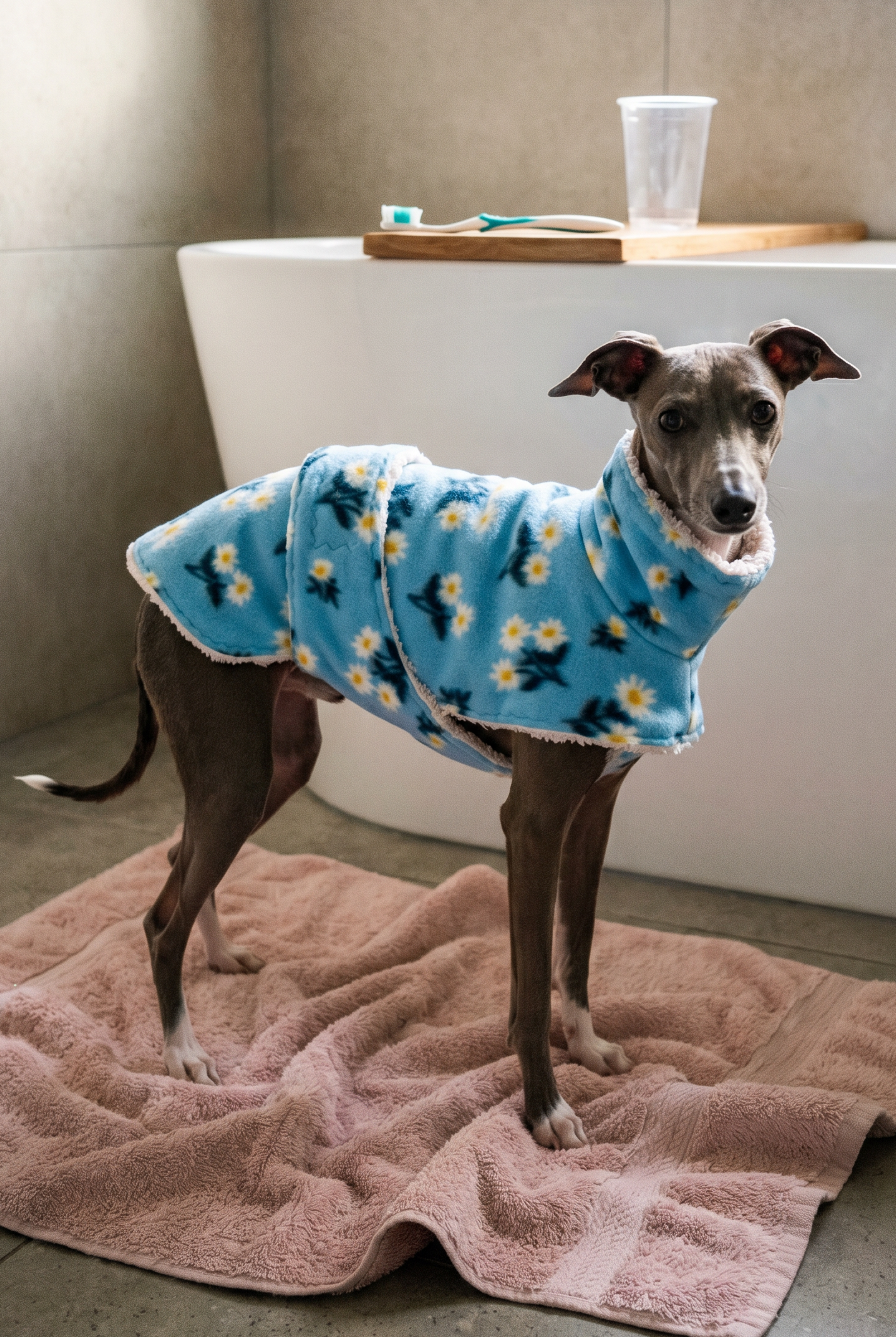 Italian greyhound / whippet dog wearing a warm stretch fleece jumper / four legged onesie pyjama. Spring clothing and clothes. Made in the UK with cheap pricing and fast postage. Comparable to redhound, speedray, loko pet apparel, the green dog, trekfit.