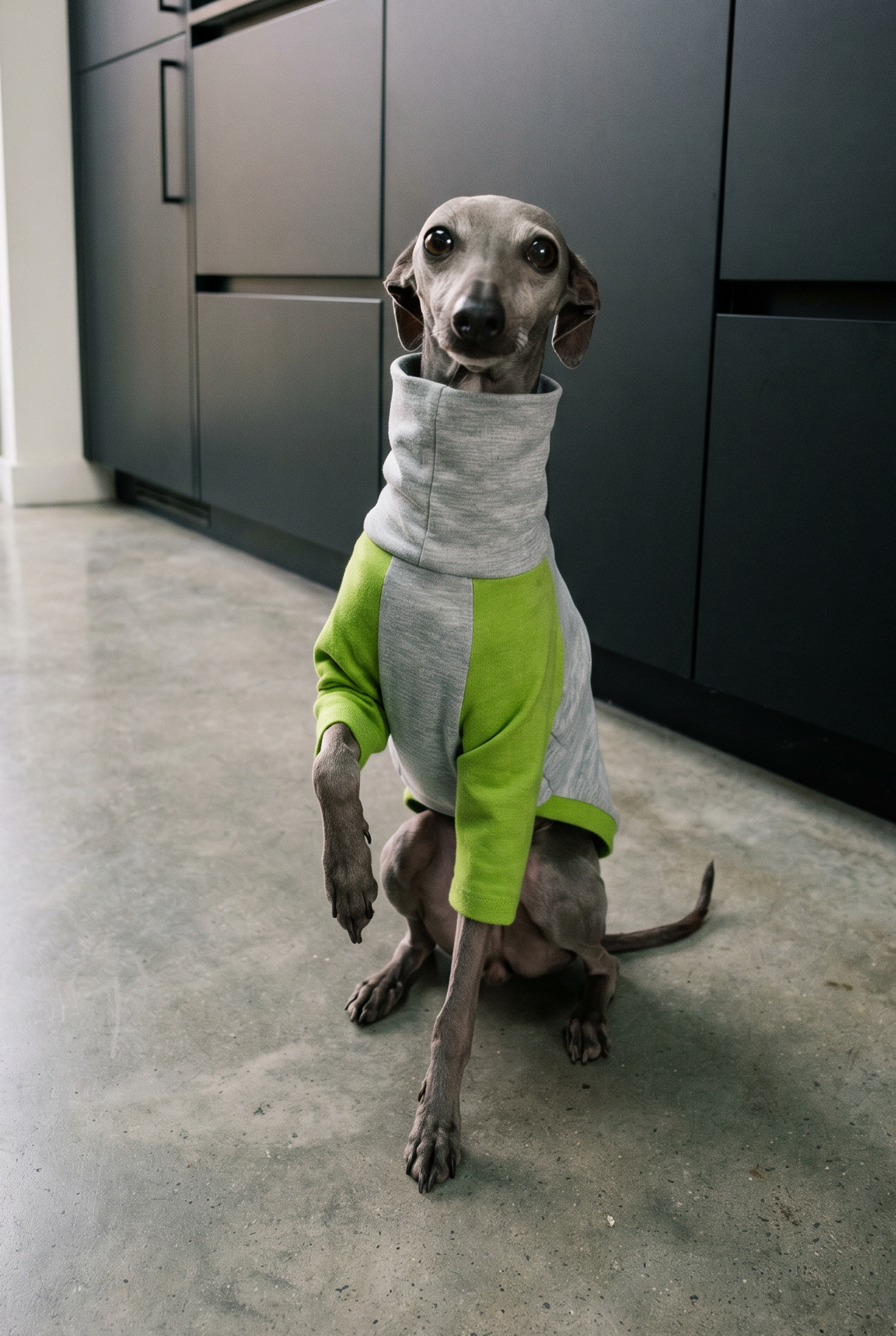 Italian greyhound / whippet dog wearing a warm stretch fleece jumper / four legged onesie pyjama. Spring clothing and clothes. Made in the UK with cheap pricing and fast postage. Comparable to redhound, speedray, loko pet apparel, the green dog, trekfit.