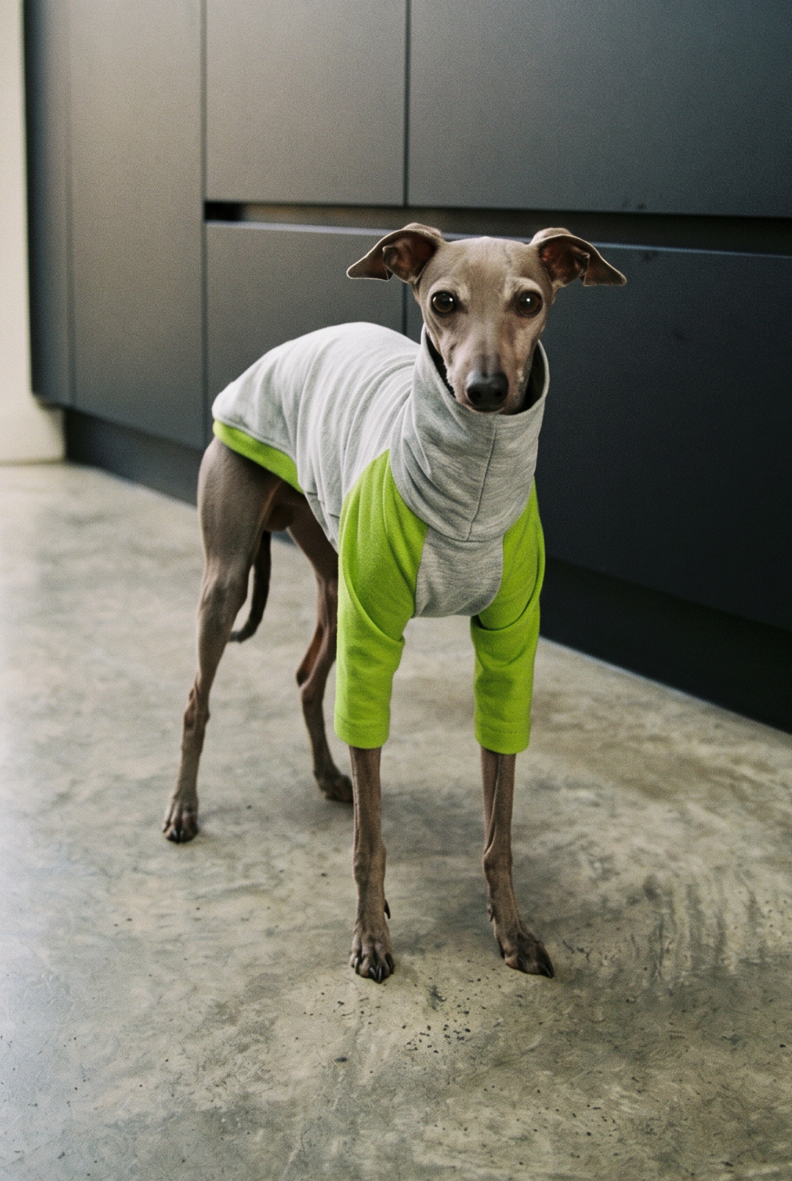 Italian greyhound / whippet dog wearing a warm stretch fleece jumper / four legged onesie pyjama. Spring clothing and clothes. Made in the UK with cheap pricing and fast postage. Comparable to redhound, speedray, loko pet apparel, the green dog, trekfit.