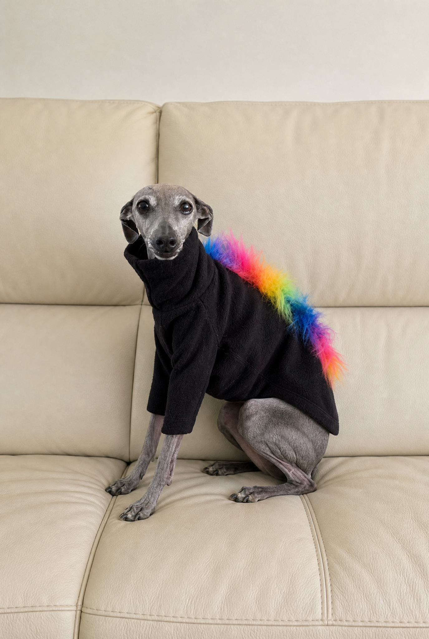 A grey Italian Greyhound dog sits on a beige leather couch wearing a black turtleneck sweater with a bright rainbow-colored fluffy tail.