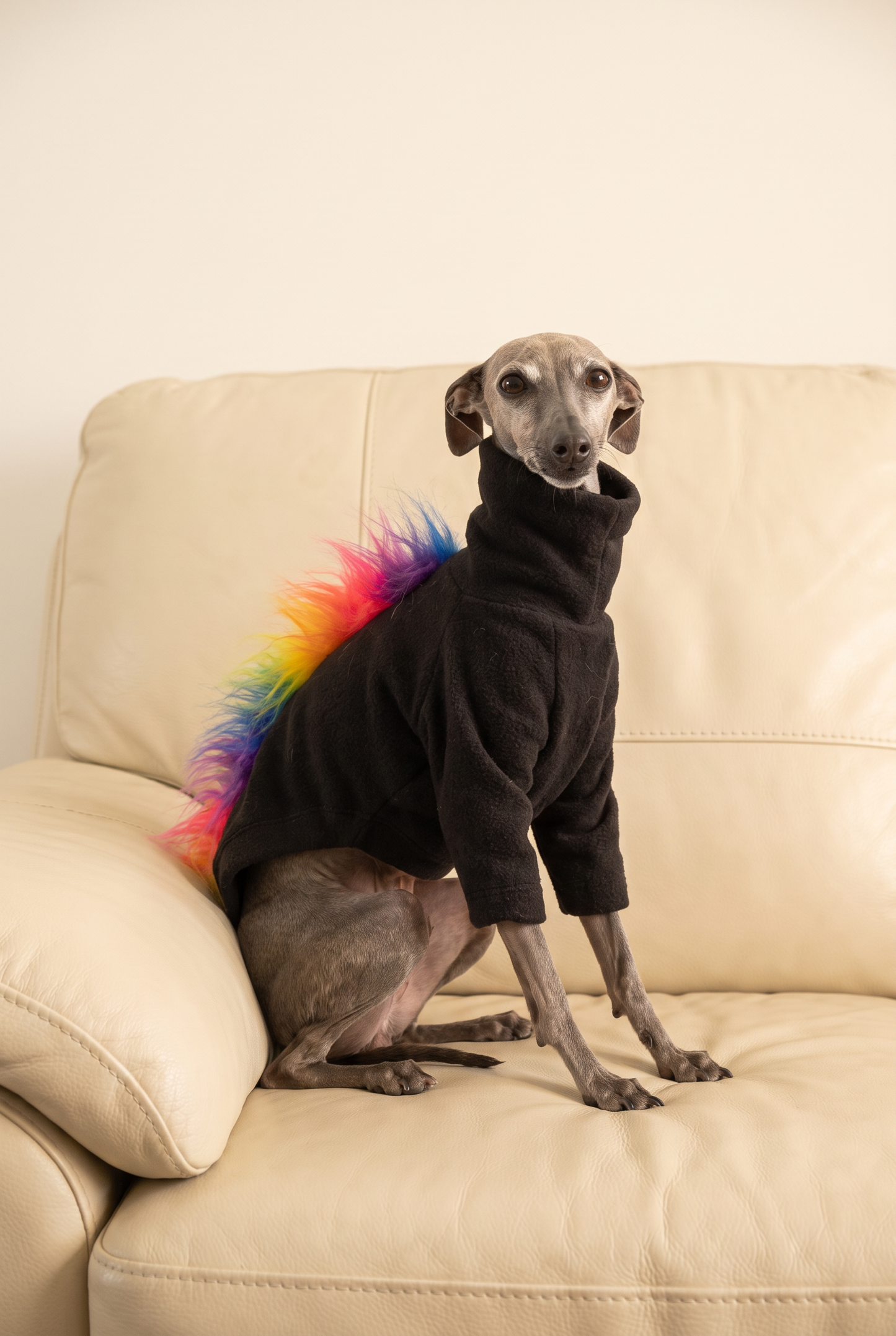 italian greyhound and whippet dogs wearing fluffy fun rainbow fleece dog jumpers which also come in four legs. Made quickly and cheap in the UK with fast postage. Good fit and quality, perfectly made for sighthounds.