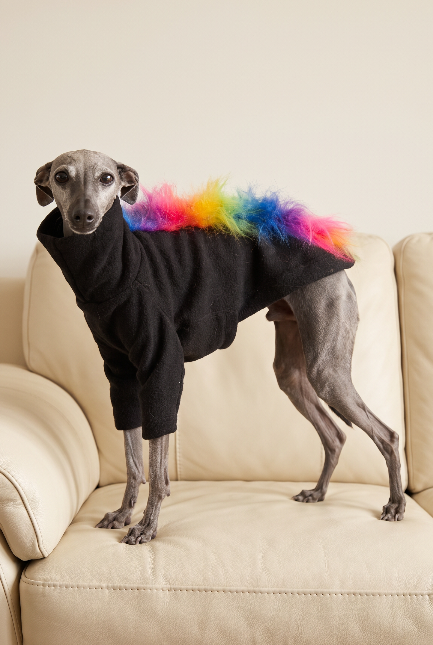 italian greyhound and whippet dogs wearing fluffy fun rainbow fleece dog jumpers which also come in four legs. Made quickly and cheap in the UK with fast postage. Good fit and quality, perfectly made for sighthounds.