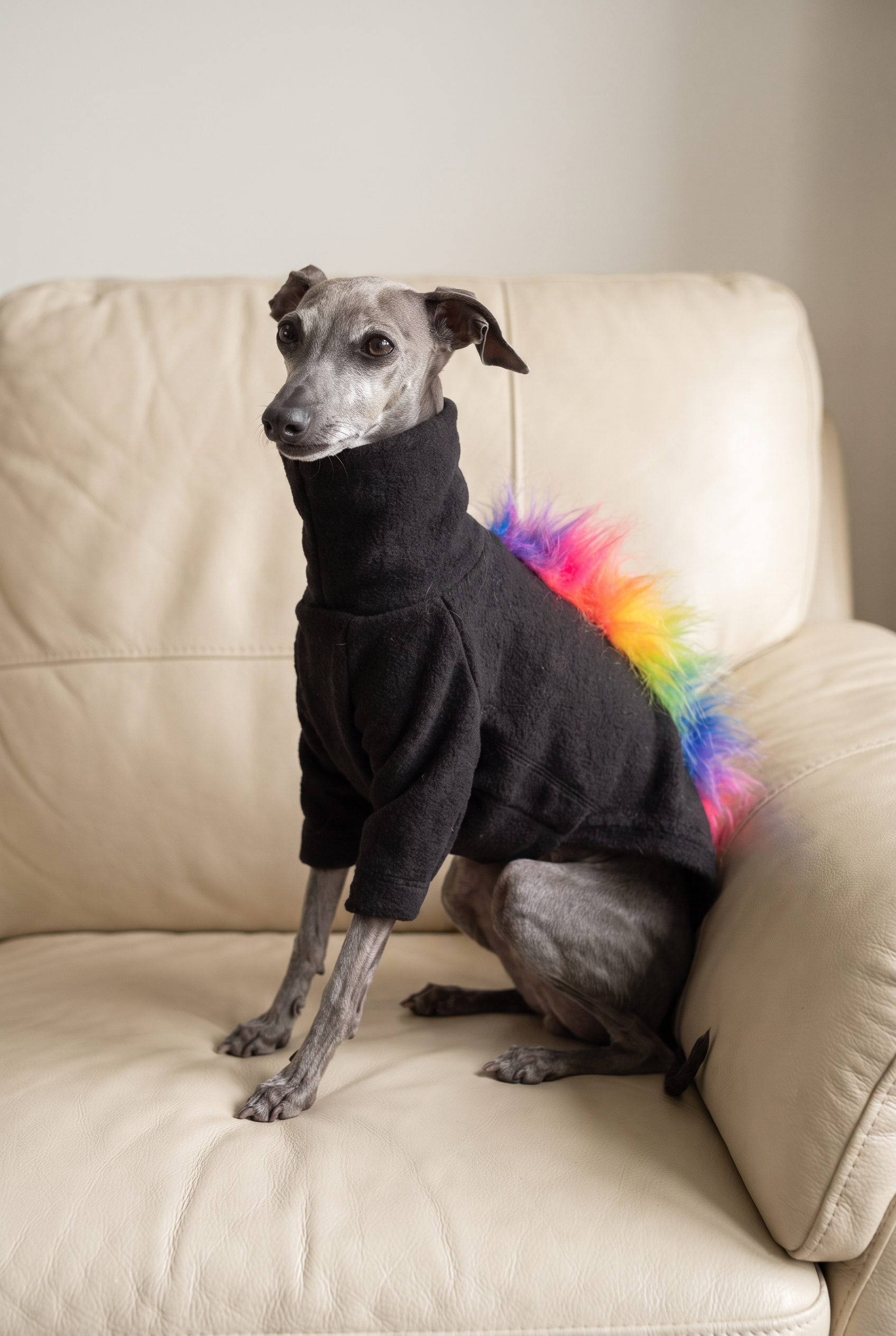 italian greyhound and whippet dogs wearing fluffy fun rainbow fleece dog jumpers which also come in four legs. Made quickly and cheap in the UK with fast postage. Good fit and quality, perfectly made for sighthounds.
