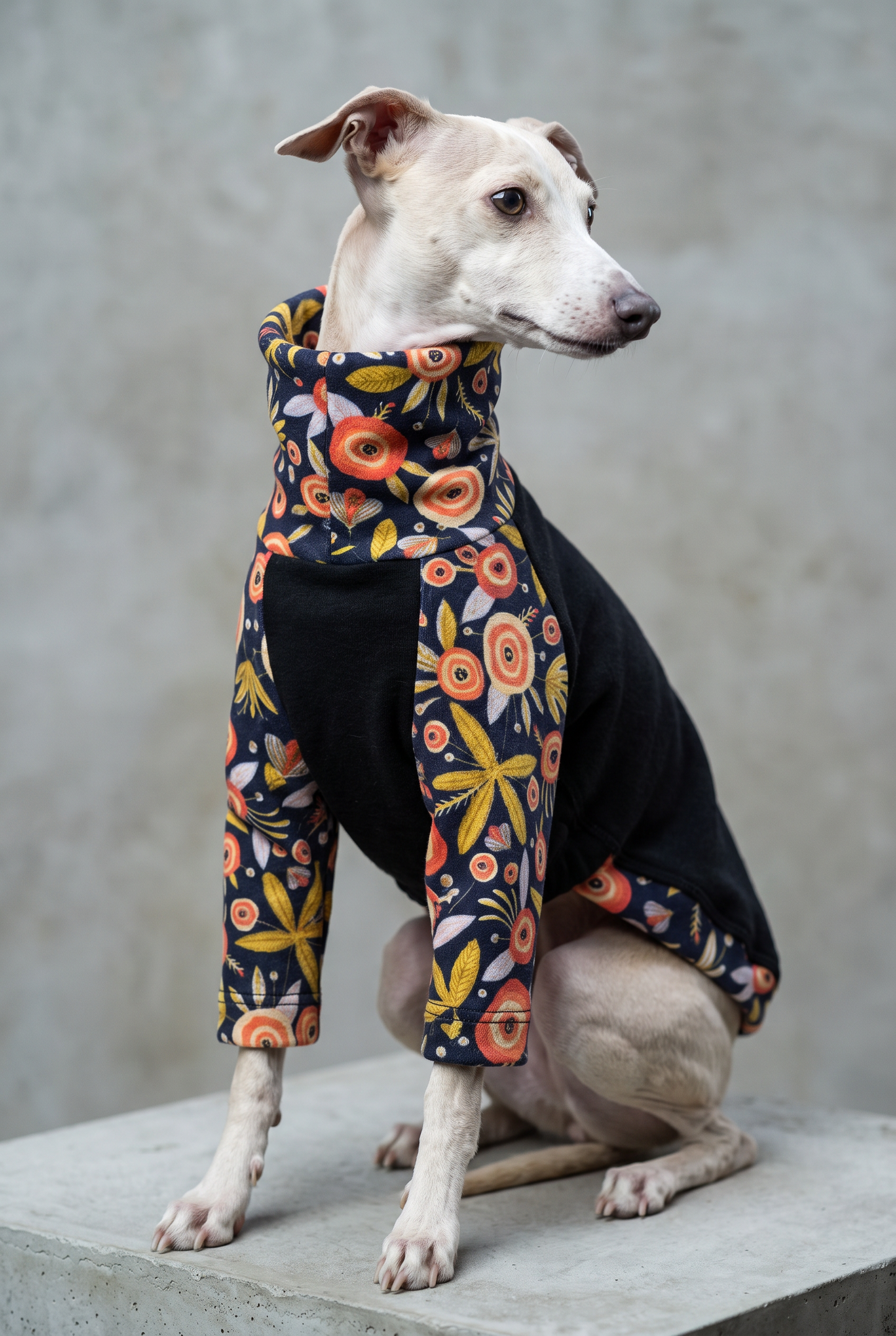 cream white italian greyhound puppy wearing iggy suits fleece warm floral jumper, made in the uk and very fast postage