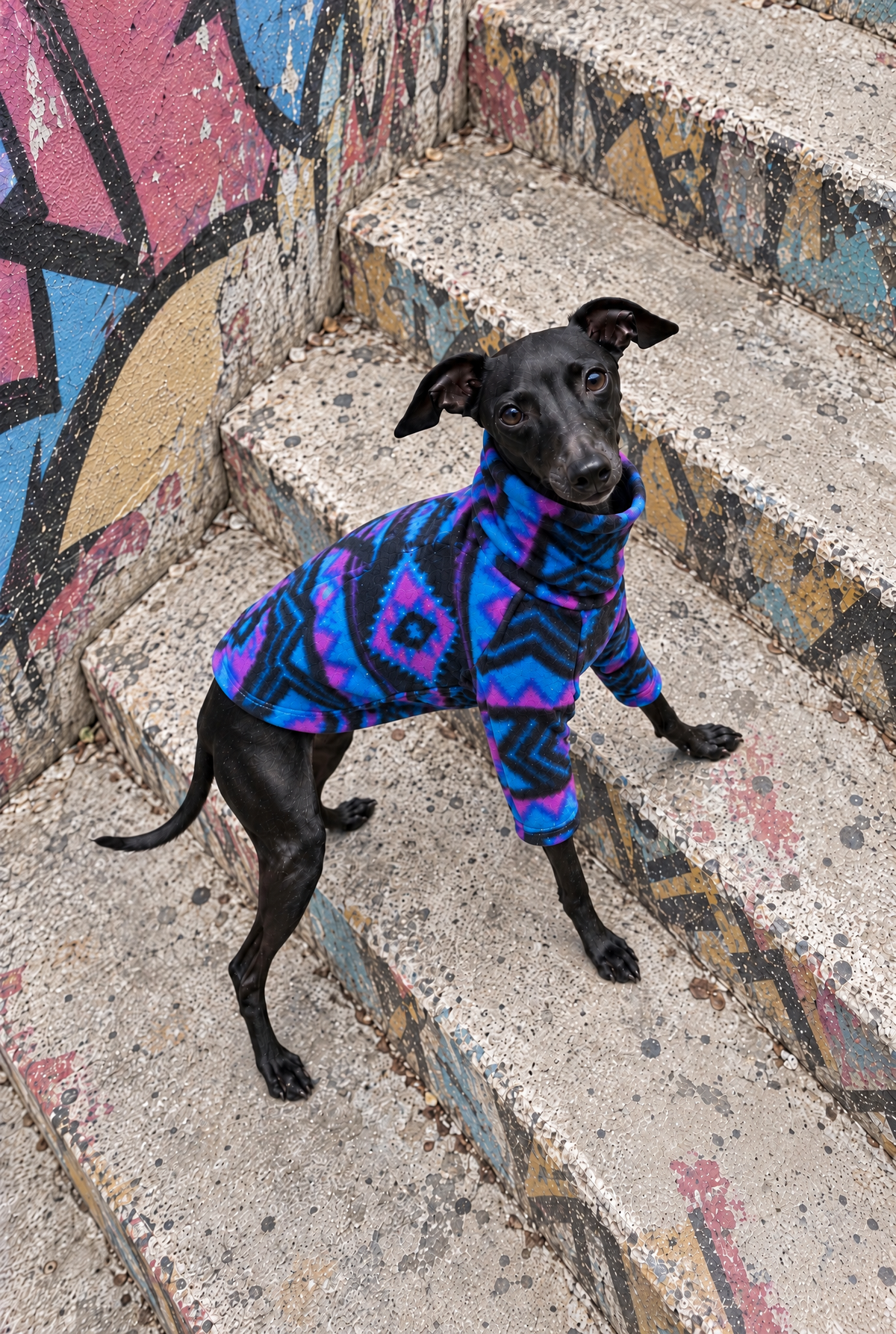 Italian Greyhound wearing a warm, soft fleece dog jumper by Iggy Suits London, designed for a cosy, comfortable fit on chilly days.