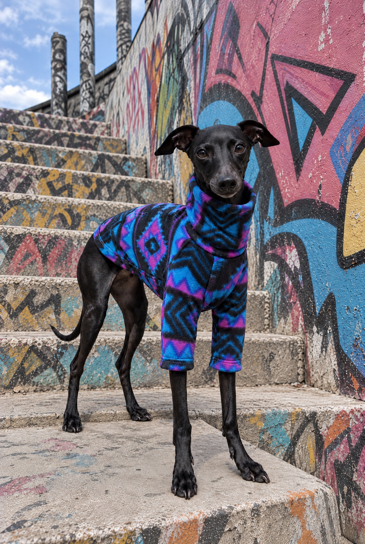 Italian Greyhound wearing a warm, soft fleece dog jumper by Iggy Suits London, designed for a cosy, comfortable fit on chilly days. 