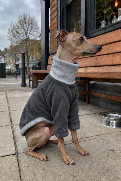 Warm grey fleece-lined sweatshirt jumper for Italian Greyhounds, featuring a soft, cosy lining and comfortable fit. Ideal for keeping Italian Greyhounds, small sighthounds and hairless dogs warm in colder weather.