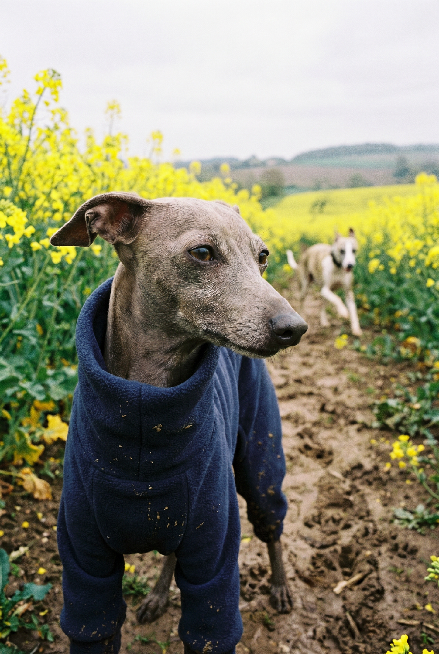 Italian greyhound / whippet dog wearing a warm stretch fleece jumper / four legged onesie pyjama. Spring clothing and clothes. Made in the UK with cheap pricing and fast postage. Comparable to redhound, speedray, loko pet apparel, the green dog, trekfit.