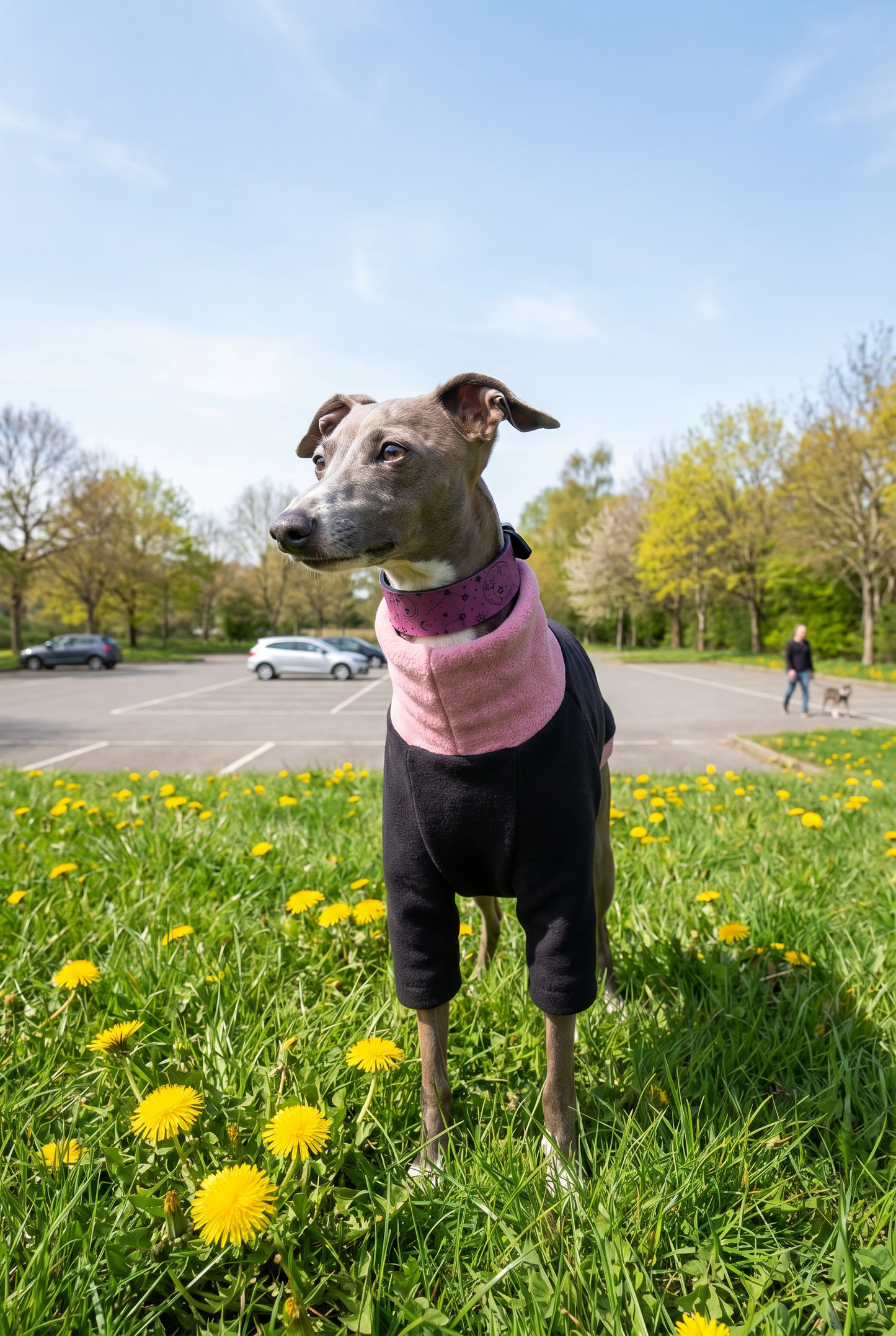 Italian greyhound and whippet dogs wearing clothing spring jumpers. fleece coats made in the UK with fast postage. Also fits xolos and hairless dogs.