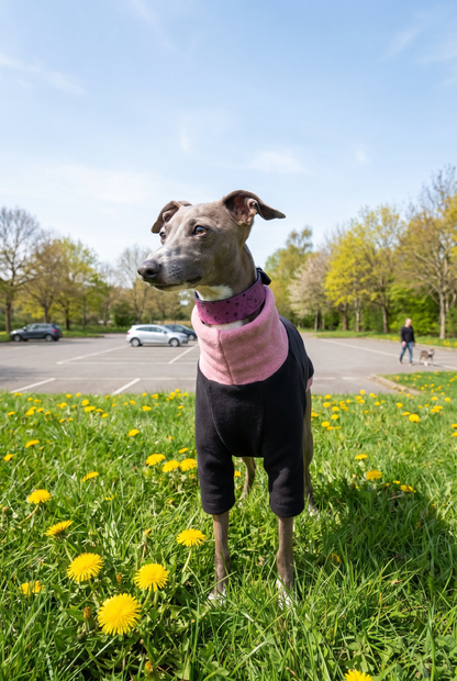 Italian greyhound and whippet dogs wearing clothing spring jumpers. fleece coats made in the UK with fast postage. Also fits xolos and hairless dogs.