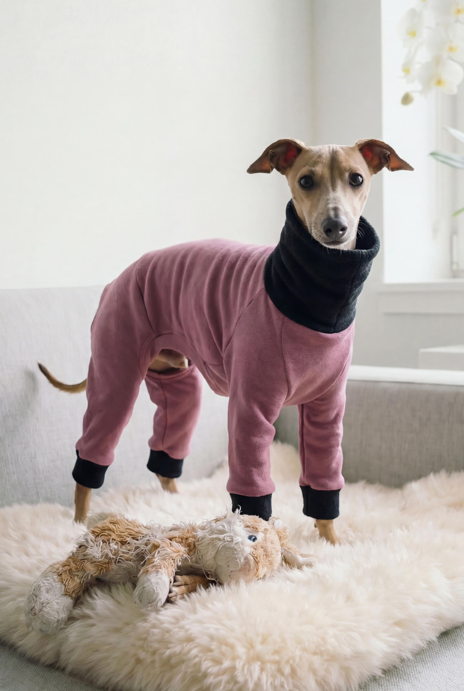 Dog wearing a pink outfit on a white couch with a plant in the background