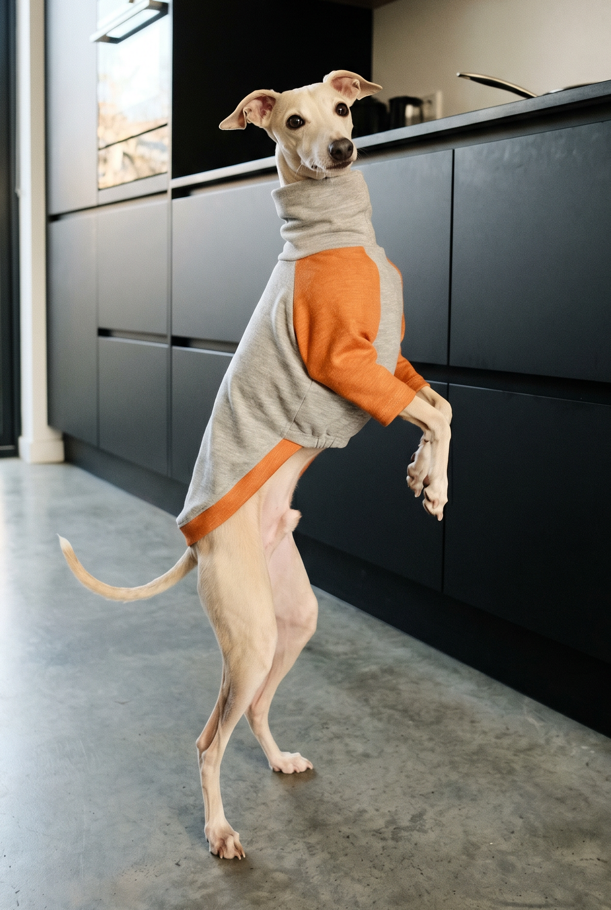 Italian greyhound / whippet dog wearing a warm stretch fleece jumper / four legged onesie pyjama. Spring clothing and clothes. Made in the UK with cheap pricing and fast postage. Comparable to redhound, speedray, loko pet apparel, the green dog, trekfit.