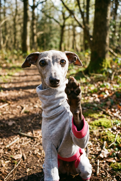 Italian greyhound / whippet dog wearing a warm stretch fleece jumper / four legged onesie pyjama. Spring clothing and clothes. Made in the UK with cheap pricing and fast postage. Comparable to redhound, speedray, loko pet apparel, the green dog, trekfit.