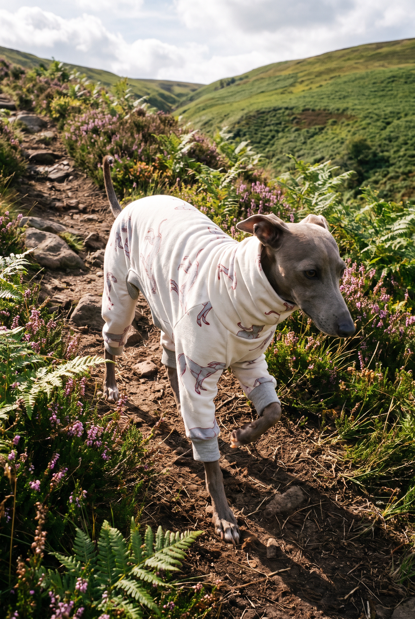 Italian Greyhound and Whippet wearing comfortable cotton jersey dog clothing, soft lightweight fabric designed for sighthounds, stylish UK-made dog apparel.
