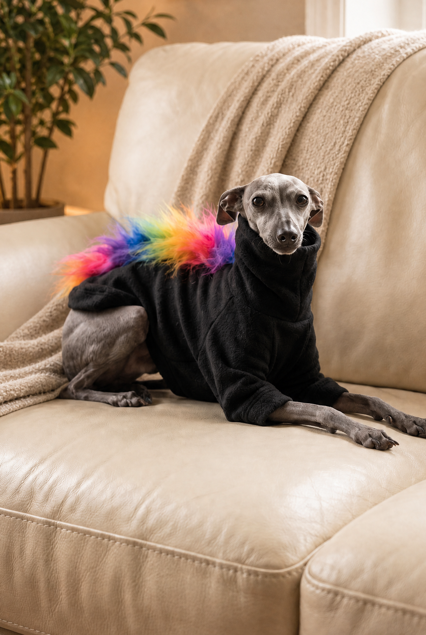 italian greyhound and whippet dogs wearing fluffy fun rainbow fleece dog jumpers which also come in four legs. Made quickly and cheap in the UK with fast postage. Good fit and quality, perfectly made for sighthounds.