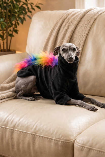italian greyhound and whippet dogs wearing fluffy fun rainbow fleece dog jumpers which also come in four legs. Made quickly and cheap in the UK with fast postage. Good fit and quality, perfectly made for sighthounds.
