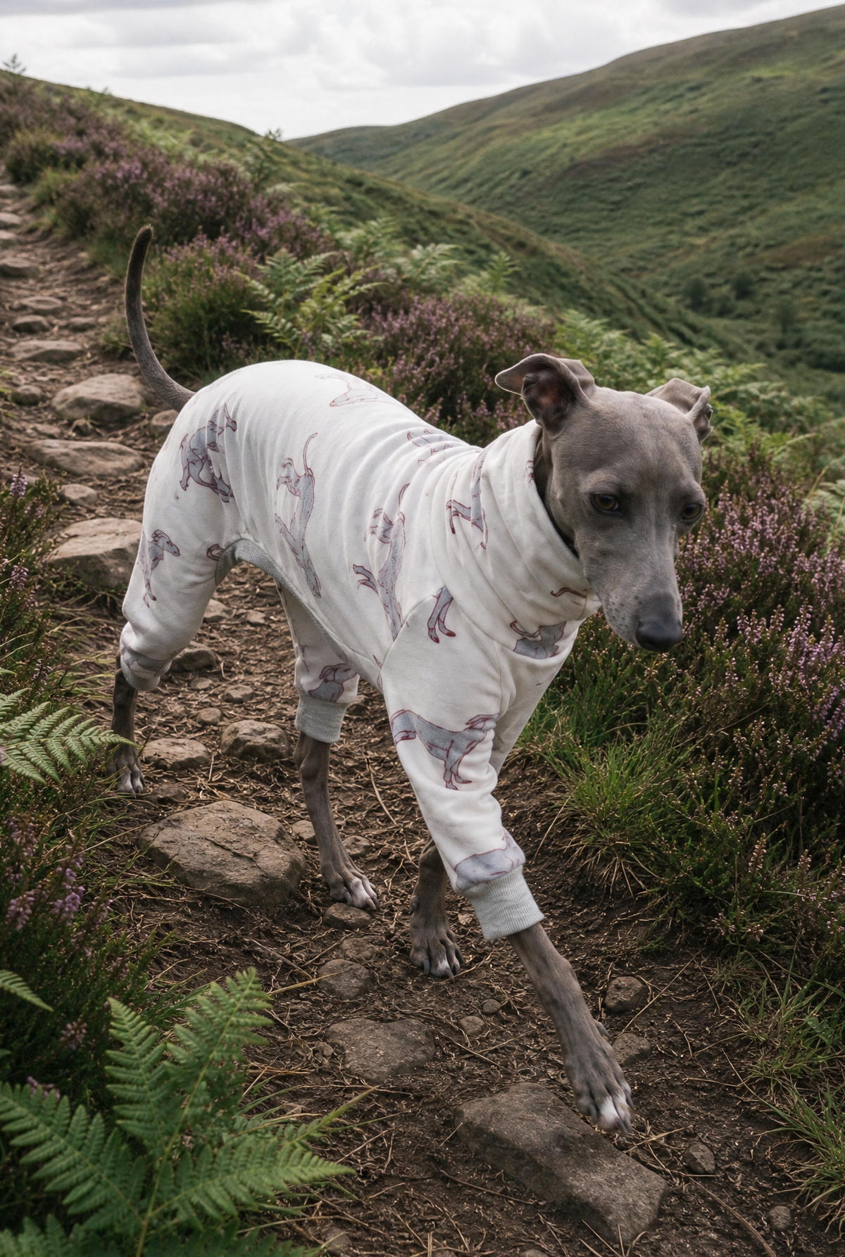Italian Greyhound and Whippet wearing comfortable cotton jersey dog clothing, soft lightweight fabric designed for sighthounds, stylish UK-made dog apparel.
