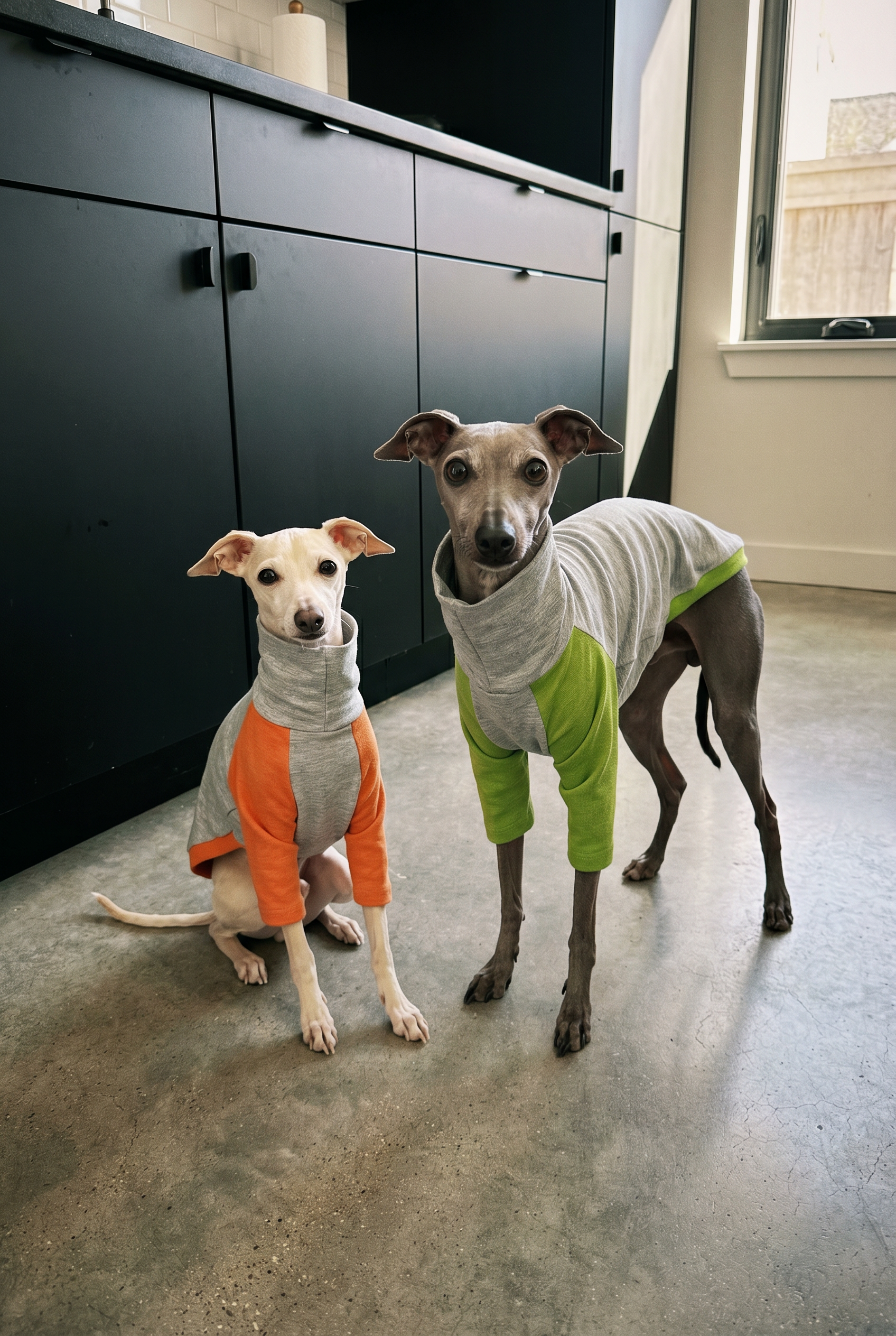 Italian greyhound / whippet dog wearing a warm stretch fleece jumper / four legged onesie pyjama. Spring clothing and clothes. Made in the UK with cheap pricing and fast postage. Comparable to redhound, speedray, loko pet apparel, the green dog, trekfit.