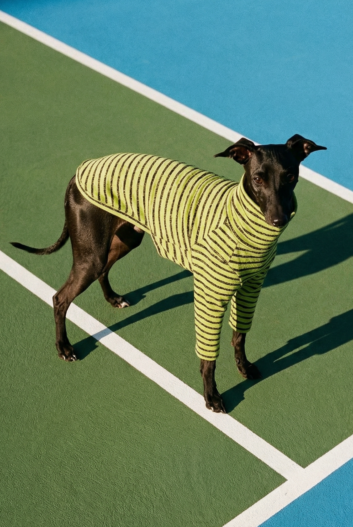 Dog wearing a yellow sweater on a tennis court