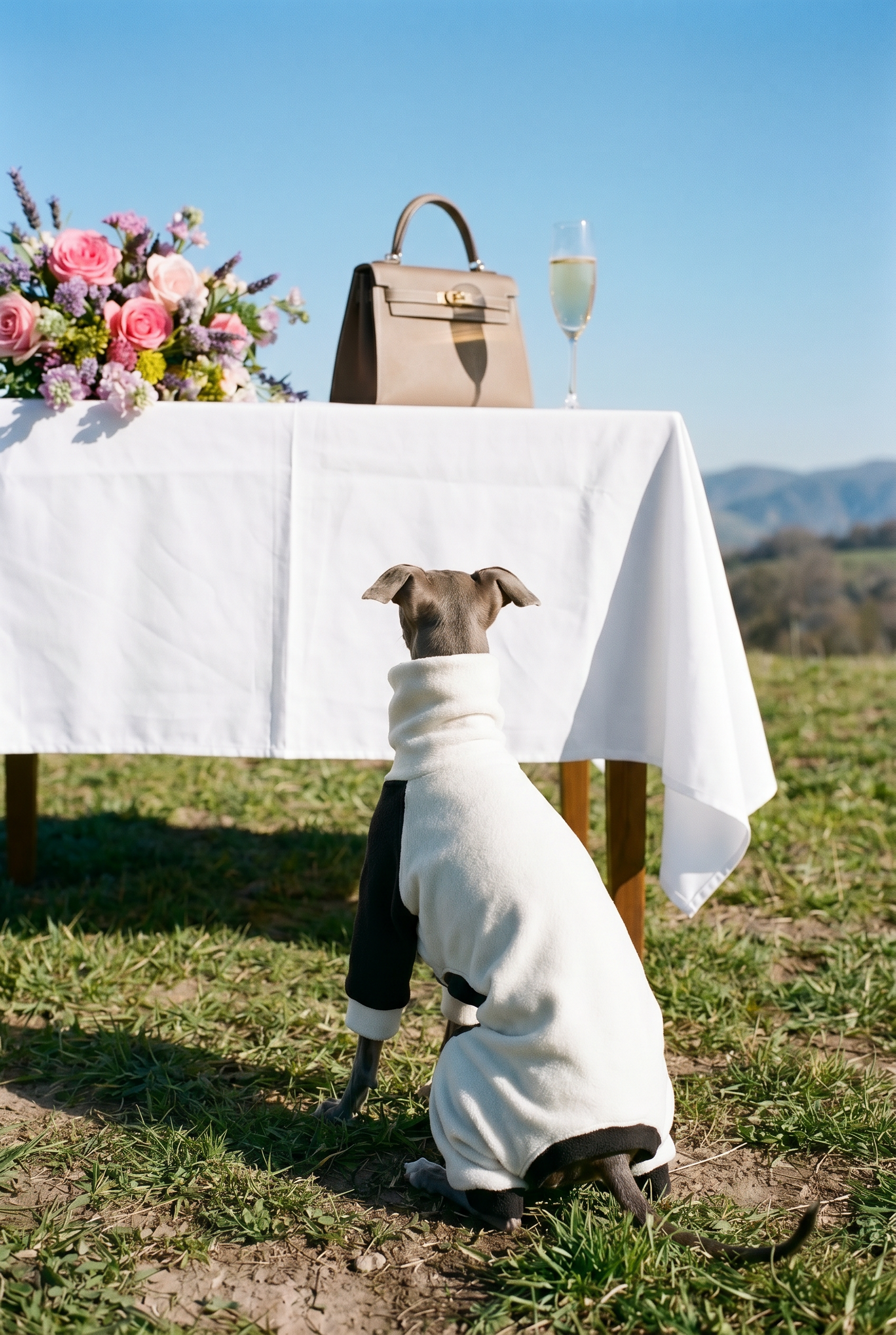 Dog in a white coat standing in front of a table with a floral arrangement and a handbag outdoors. italian grreyhound whippet wedding suit like tuxedo for dog summer wedding spring.