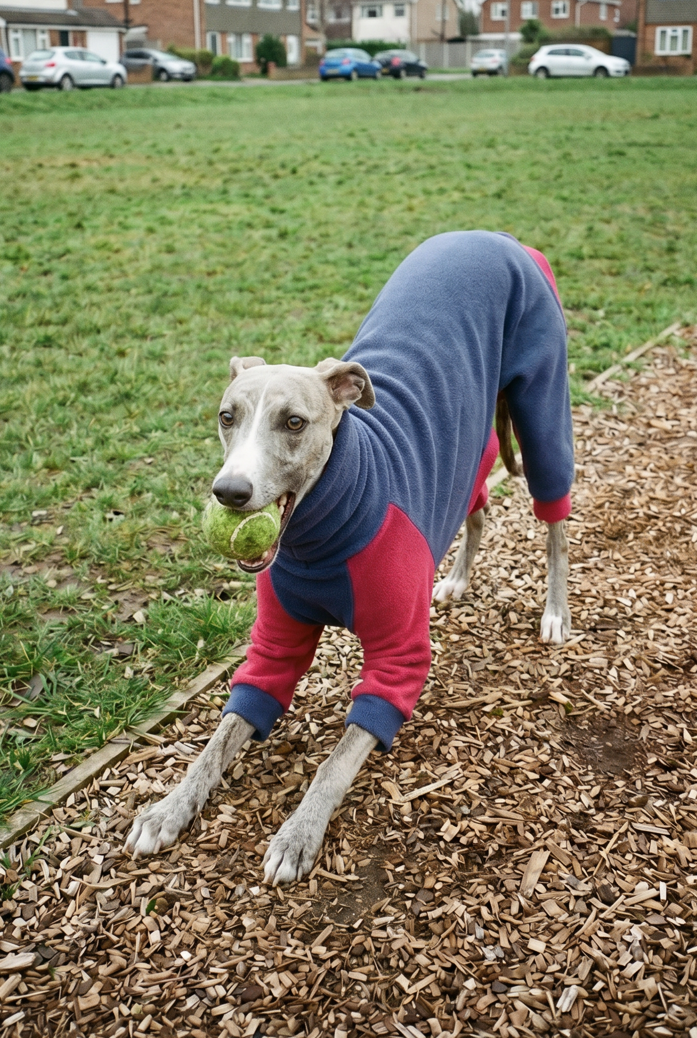 whippet wearing warm stretchy soft fleece pyjama outdoor onesies for playing.