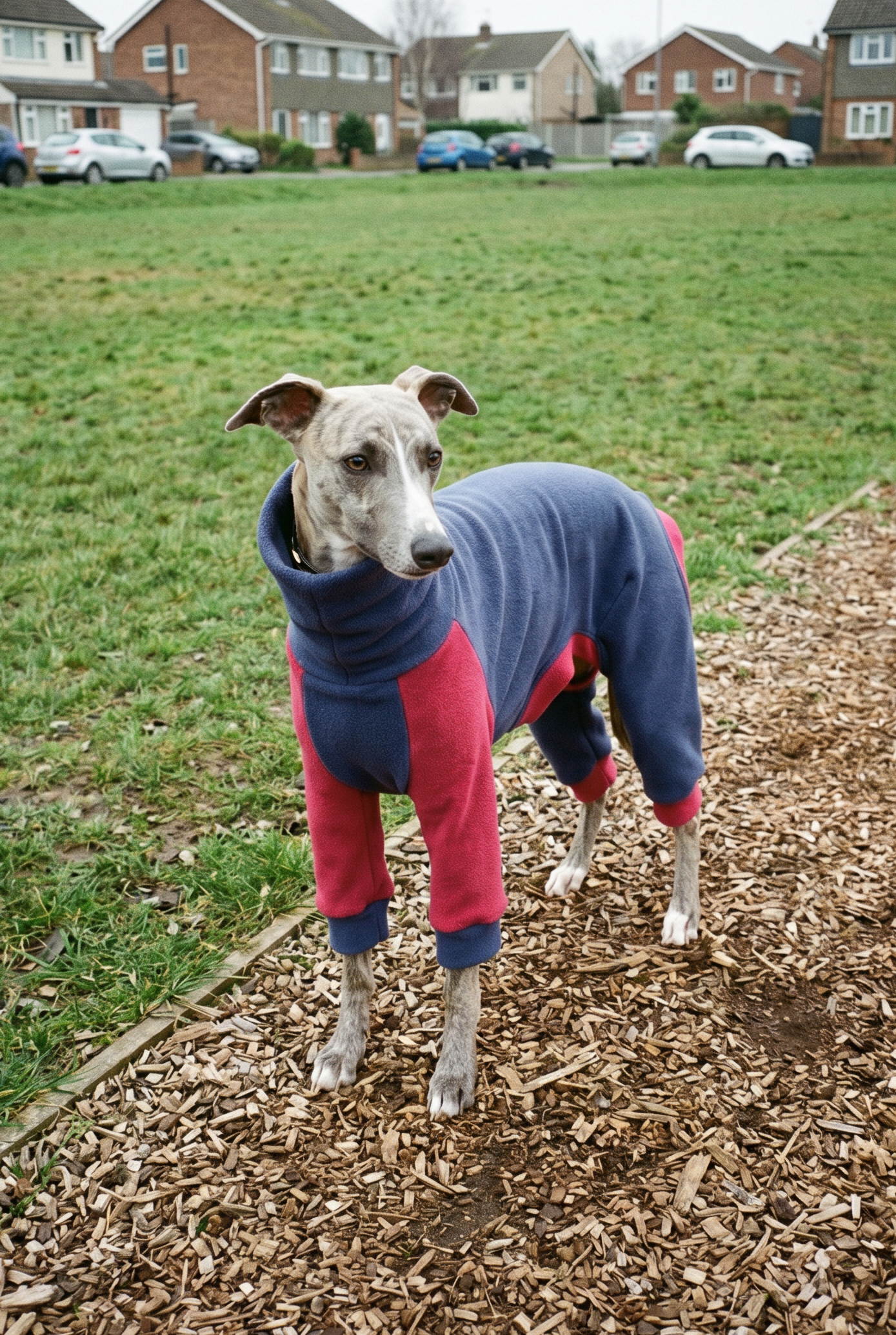 whippet wearing warm stretchy soft fleece pyjama outdoor onesies for playing.