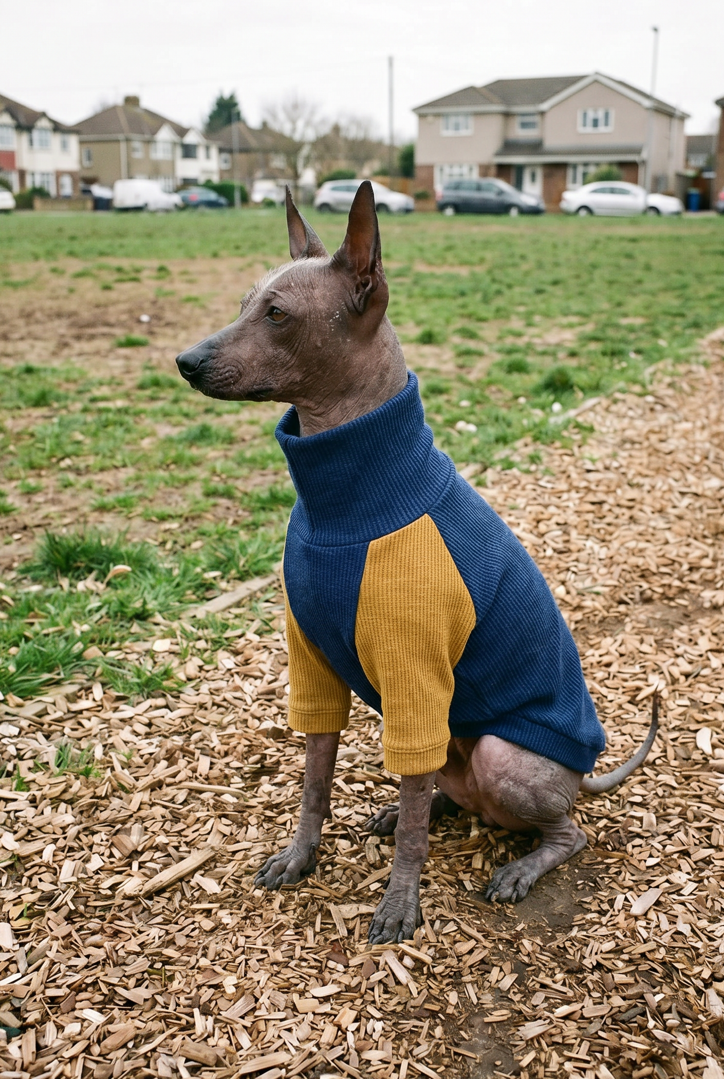 xolo mexican hairless dog stood wearing well fitted quality clothing t-shirt made in the UK. Also fits italian greyhounds and whippets.