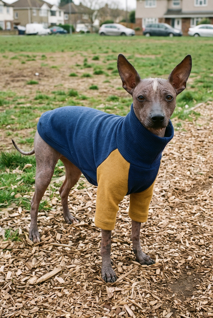 xolo mexican hairless dog stood wearing well fitted quality clothing t-shirt made in the UK. Also fits italian greyhounds and whippets.
