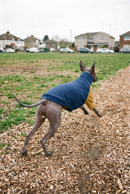 xolo mexican hairless dog stood wearing well fitted quality clothing t-shirt made in the UK. Also fits italian greyhounds and whippets.